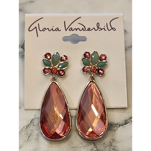 Gloria Vanderbilt Gold-Tone Pink Teardrop Earrings Green & Pink Crystal Floral - Picture 1 of 5